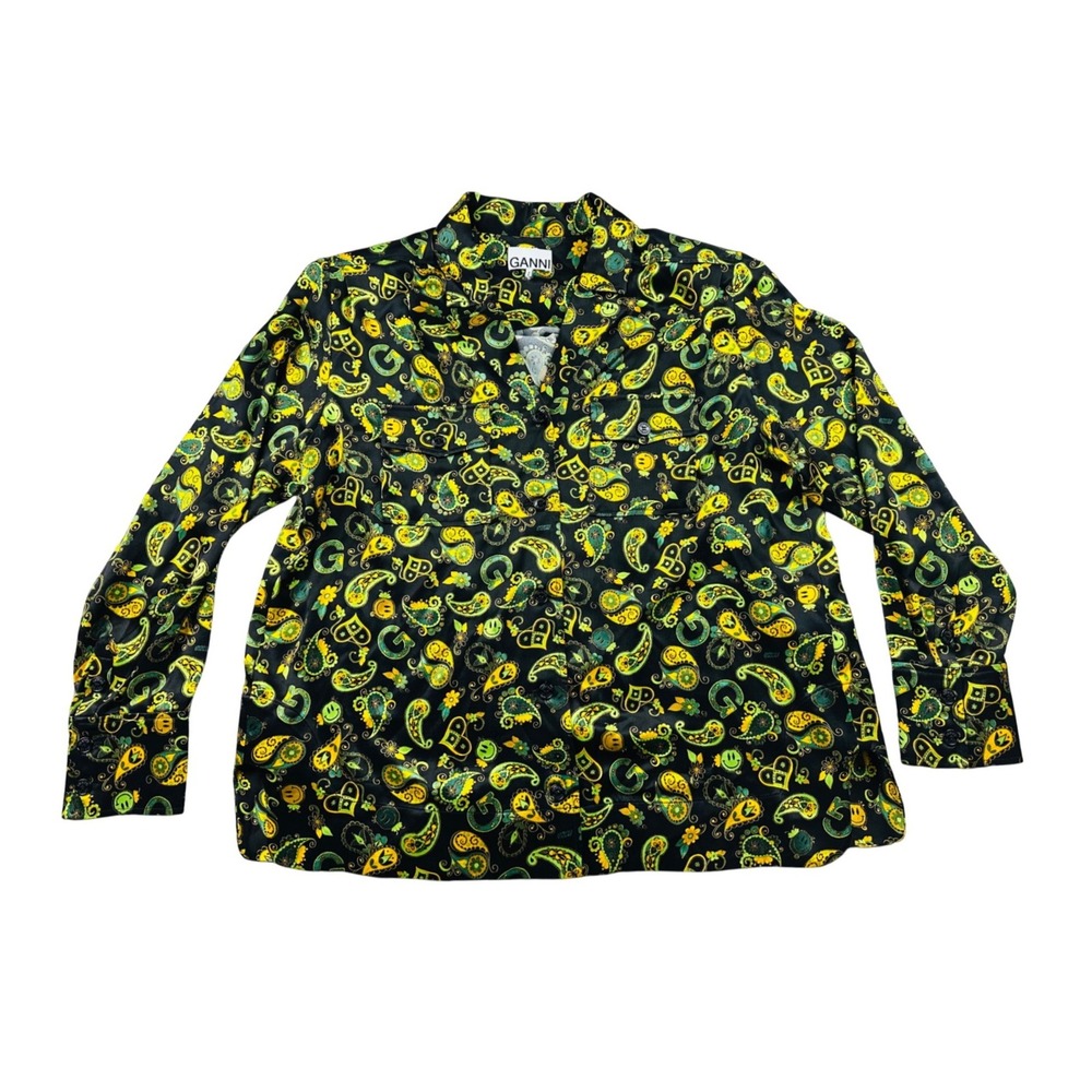 Ganni Smiley Paisley Pajama Shirt Women M Yellow Black Relaxed Fit Scandi Boho
